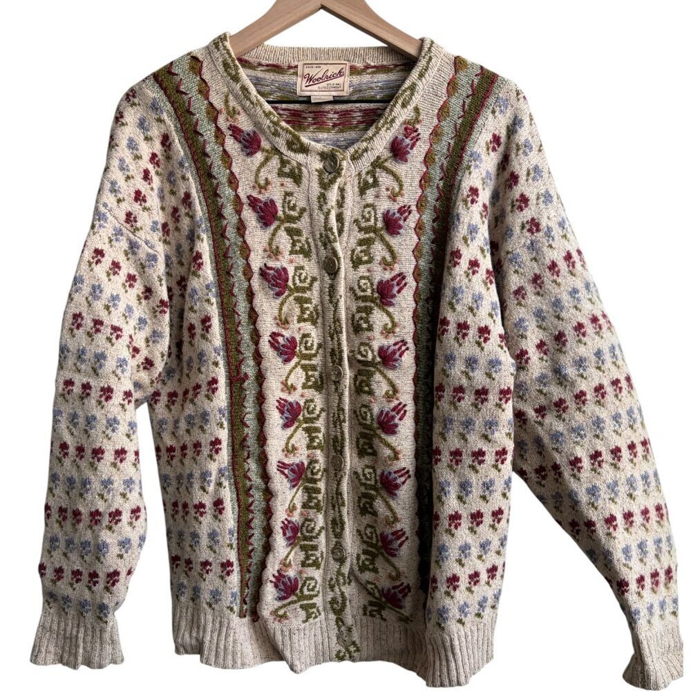 Vintage 90s Woolrich L Wool Floral Flower Embroidered Knit Cardigan Sweater